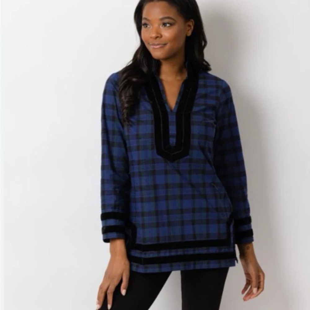 Sail to Sable NWT black watch plaid tunic with velvet trim sz M